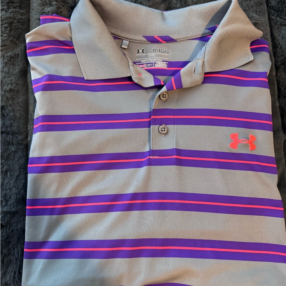 Under Armour mens Striped Polo Shirt - Gray and Purple and pink. Like new golf